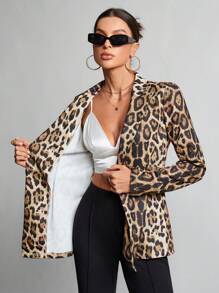 SHEIN Tall Autumn And Winter Leopard Print Lapel Single-Button Blazer Suitable For Going Out - Khaki - View 8