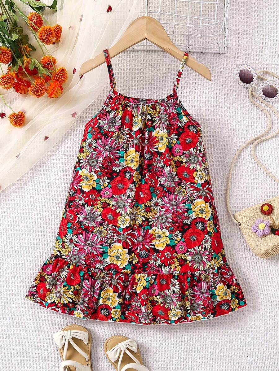 SHEIN Little Girls' Summer Flower Print Ruffled Strap Dress - Rose Red - View 1
