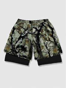 ROMWE MEN Street Life Men's Tree Branch Camouflage Printed 2-In-1 Breathable Basketball Shorts, Spring And Summer - Multicolor - View 2