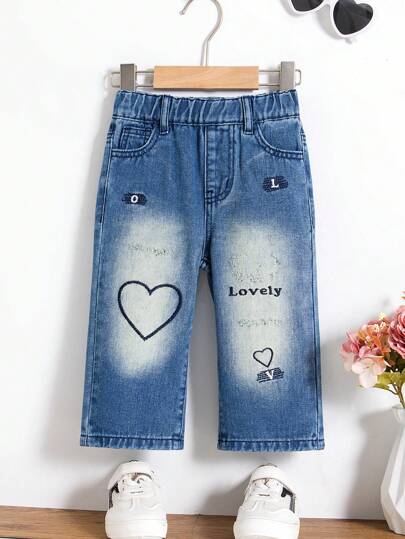 Vintage Washed Cute Embroidered Denim Pants For Baby Girls