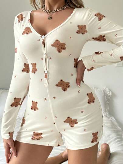 Snug Zone Mono de mujer con ajuste slim con estampado de oso, estrellas y luna, con detalles cómodos y elegantes, para otoño e invierno