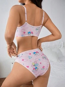 HELLO KITTY AND FRIENDS | SHEIN 女士舒適無線胸罩和內褲套裝，卡通和字母印花 - 粉色 - 查看 2