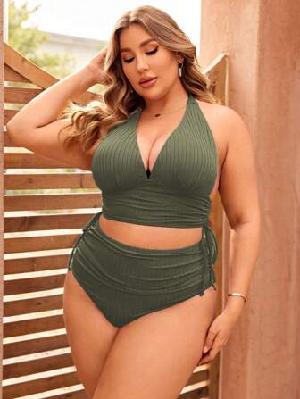 Swim Lushoire Plus Size Solid Color Drawstring Ruched Bikini Set And Bikini Set With Halter Summer Beach