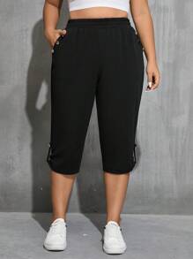 SHEIN Essnce 女性加大碼紐扣裝飾口袋設計七分休閒時尚褲 - 黑色 - 查看 4