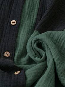 SHEIN LUNE Plus Size Color Block Single-Breasted Casual Short Sleeve Shirt For Summer - Dark Green - View 5