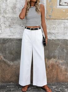 EMERY ROSE High-Waisted Wide Leg Pants With Pockets, White Casual Women's Trousers Business Casual Woman - White - View 6