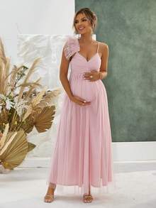 Femei însărcinate Culoare uni Asimetric Gât din plasă Contrast Rochie elegantă Cu mâneci cu volan, Vară Pentru Maternitate, Pentru Petrecere