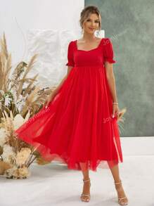 Joyfunear Maternity Solid Color Puff Sleeve Dress