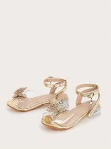 Girls' Chunky High-Heel Sandals, Golden Butterfly & Silver Rhinestone Embellished Shiny Shoes, For Spring/Summer/Autumn - Gold - View 3