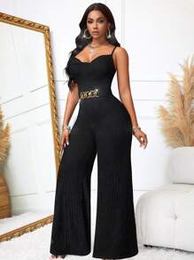 Mono de pierna ancha para mujer, sexy y vintage para verano, con cinturón metálico en la cintura y cintura fruncida