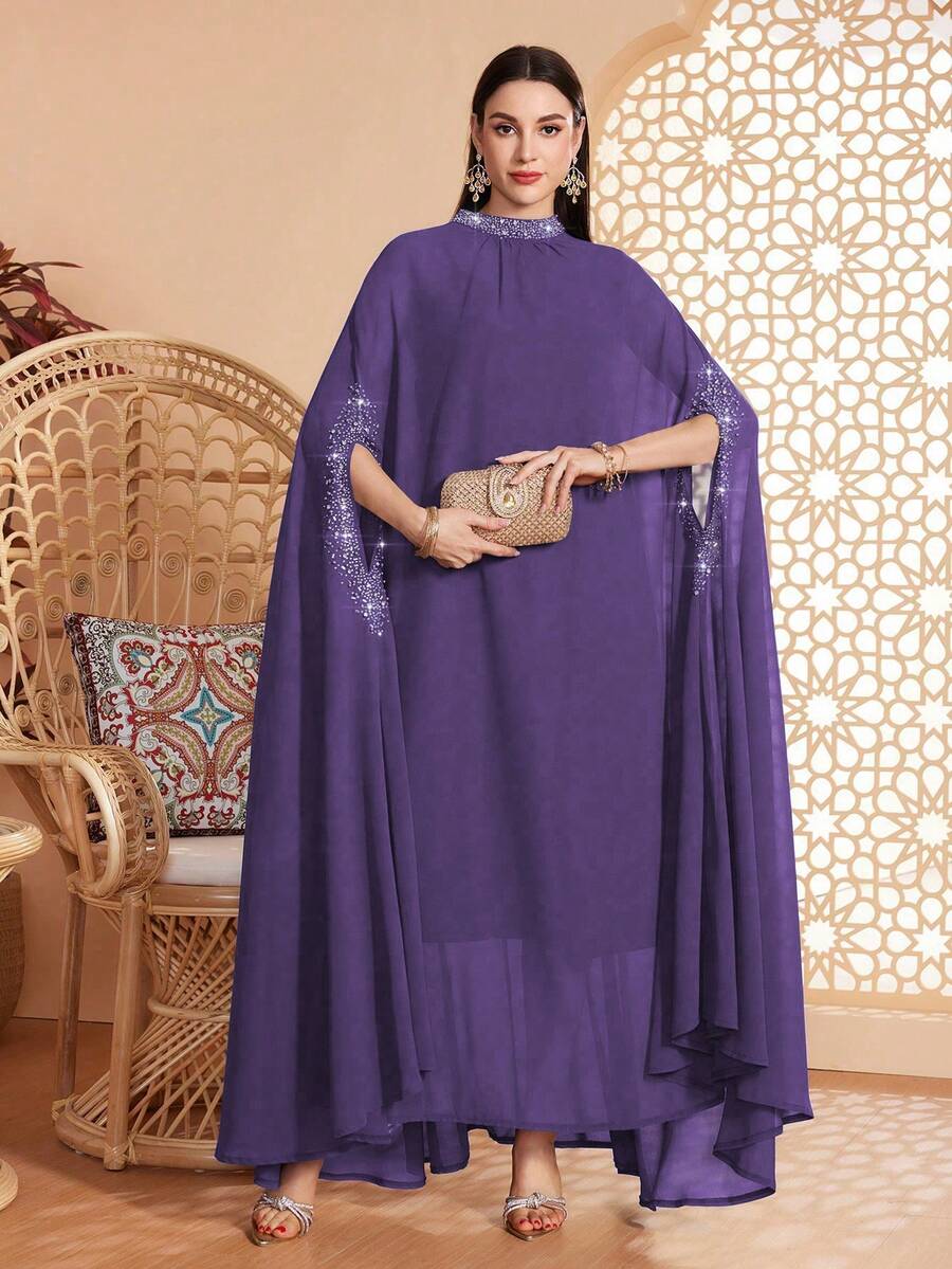 Women's Solid Color Stand Collar, Cuff & Neckline Embellished With Beading, Rhinestones, Asymmetrical Hem Long 2 Pieces Arabic Abaya, Suitable For Various Occasions - Festivals, Gatherings, Daily Wear, Soft & Comfortable - Purple - View 1