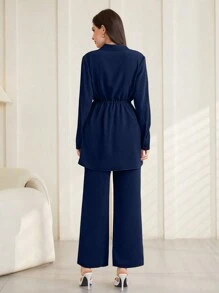 Mulvari Conjunto de 2 piezas de blusa de manga larga y pantalones sencillos y lisos para uso diario para mujer