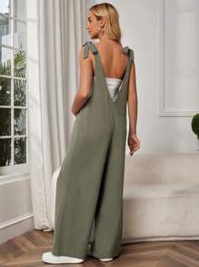 SHEIN Bộ đồ liền thân Bà bầu Thắt nút Túi màu trơn Giải trí - xanh quân đội - Xem 2