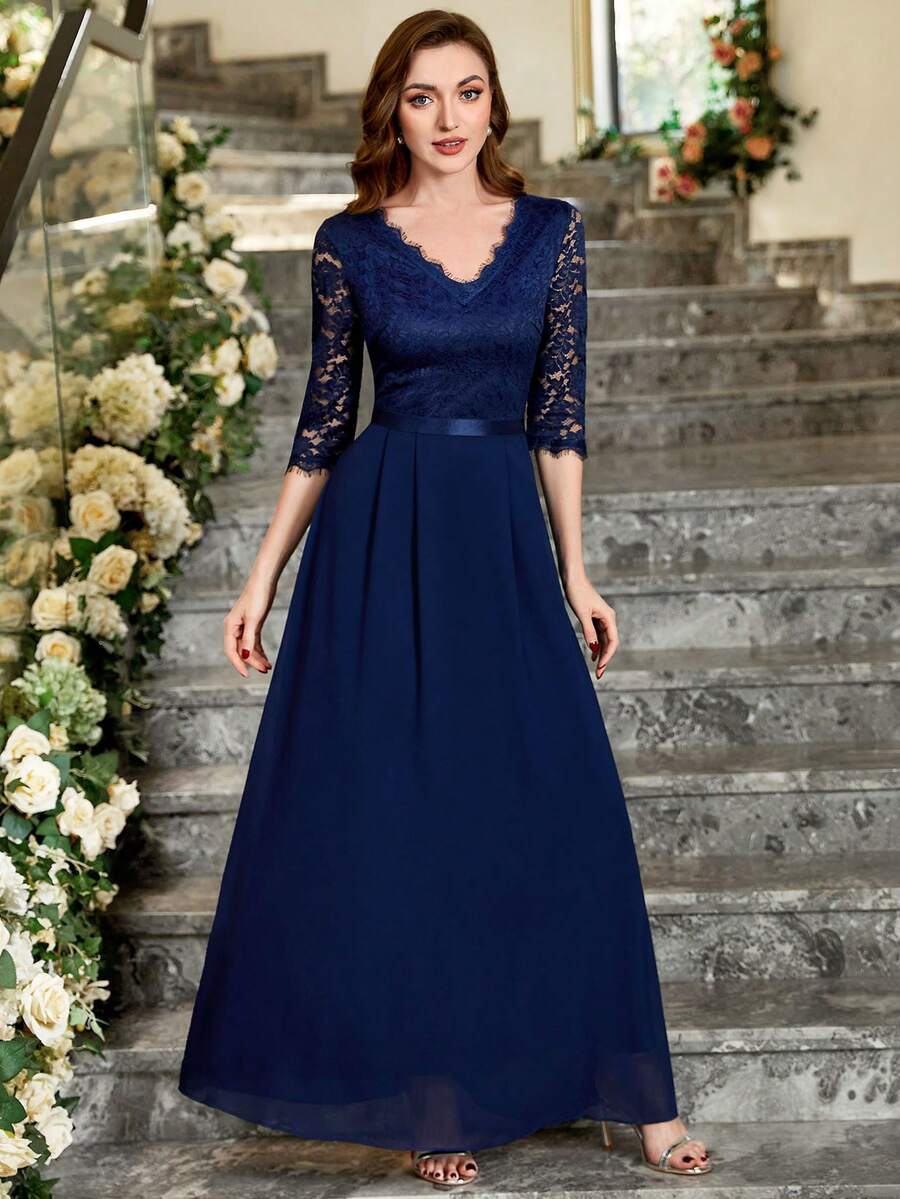 MIUSOL Đầm dự tiệc sang trọng bằng vải voan xếp ly cổ chữ V ren hoa thanh lịch