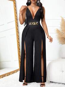 Women's Y2K Sexy Slit Vintage Summer Metal Belt Wide-Leg Romper With Clustered Waist