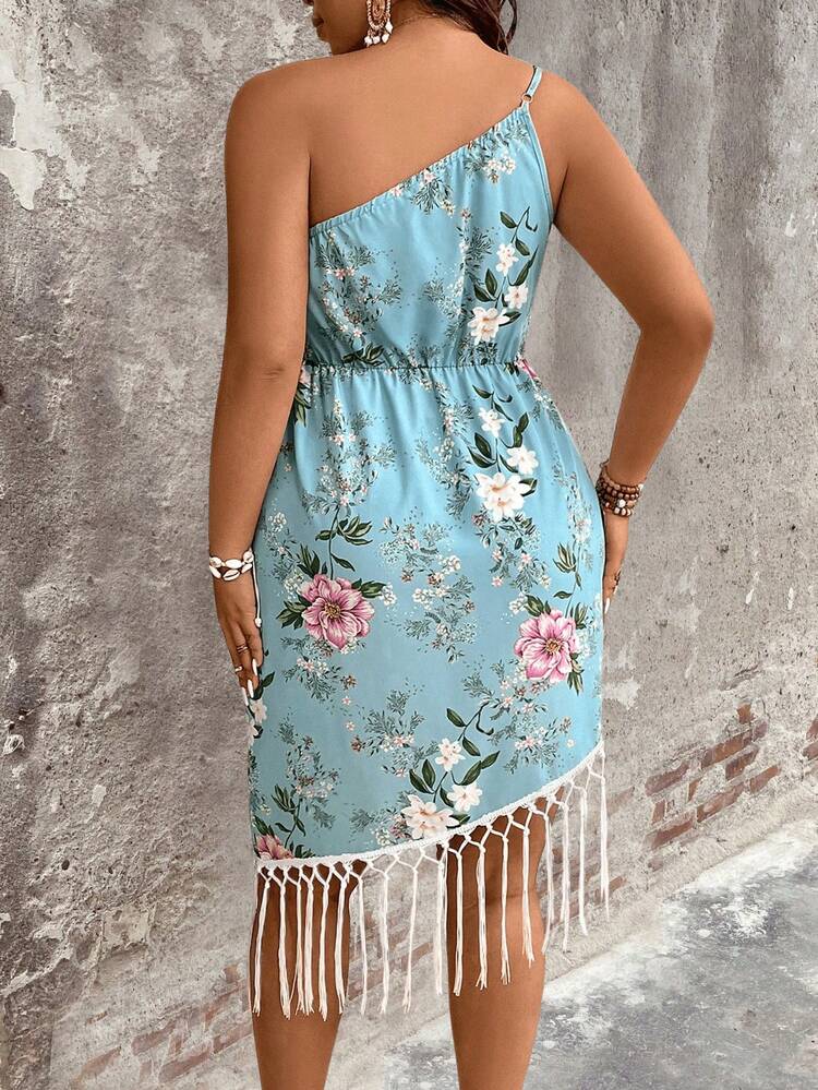 Plus Size Women's Bohemian Printed One Shoulder Tassel Dress For Vacation