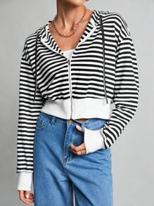 SHEIN Tall Áo hoodie sọc đen trắng có dây kéo - Đen và trắng - Xem 2