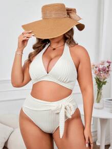 SHEIN Swim Curve Plus Size Solid Color Simple Halter Backless Bikini Set And Tie Side Bikini Set Bottom Set Summer Beach
