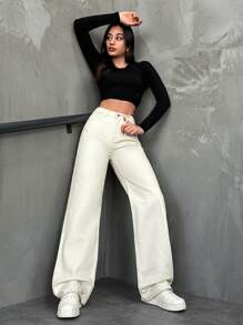 Cottnline Women's Solid Color High Waist Jeans - Beige - View 3