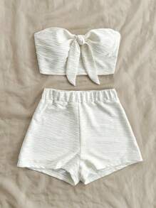 Soleia 2 件性感纹理抹胸短款上衣和高腰短裤套装 - 米色 - 查看 5