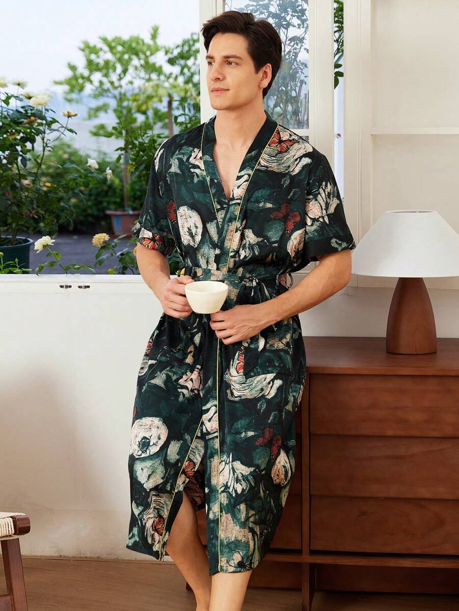Men's Short Sleeve Floral Butterfly Printed Robe For Summer - Multicolor - View 1