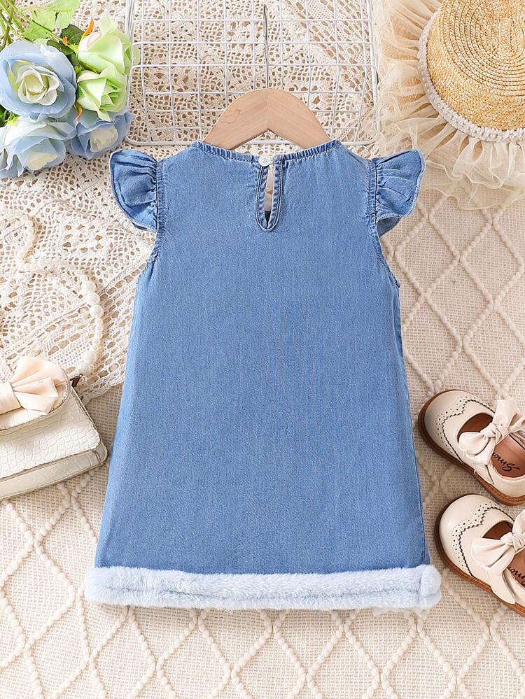 Cartoon Princess Printed Skirt Hem Furry Ruffle Denim Dress With Flutter Sleeves For Baby Girls