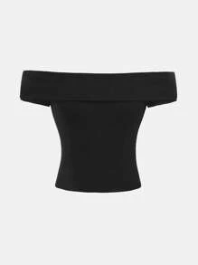 SHEIN Teen Girl Black Off Shoulder Tight Knit Ribbed Top T-Shirt