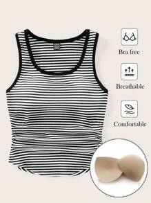 SHEIN BASICS Áo thể thao thông thường dệt kim sọc Slim-Fit cổ tròn thông thường cho nữ có đệm lót áo lót - Đen và trắng - Xem 1