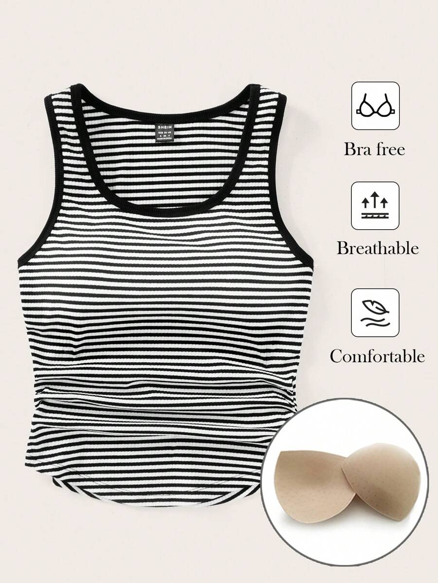 SHEIN BASICS Áo thể thao thông thường dệt kim sọc Slim-Fit cổ tròn thông thường cho nữ có đệm lót áo lót - Đen và trắng - Xem 1