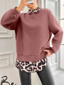 SHEIN Cottnline Plus Size Leopard Print Spliced 2 in 1 Sweatshirt - Baby Pink - View 1