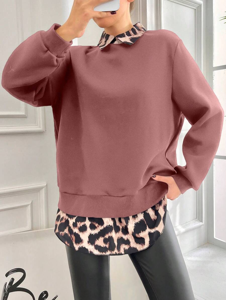 SHEIN Cottnline Plus Size Leopard Print Spliced 2 in 1 Sweatshirt - Baby Pink - View 1