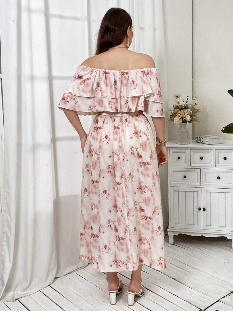Plus Size Women's Holiday Style Floral Print Ruffle Ruffle Dress
