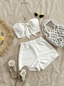 Soleia 2 件性感纹理抹胸短款上衣和高腰短裤套装 - 米色 - 查看 4