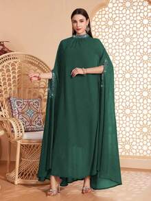 Women's Solid Color Stand Collar, Cuff & Neckline Embellished With Beading, Rhinestones, Asymmetrical Hem Long 2 Pieces Arabic Abaya, Suitable For Various Occasions - Festivals, Gatherings, Daily Wear, Soft & Comfortable - Dark Green - View 4