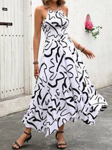 Breezaya Vestido negro y blanco sin mangas con estampado elegante para mujer para vacaciones (estampado aleatorio)