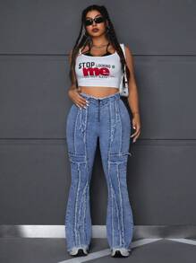 SHEIN ICON 加大碼貼身喇叭牛仔褲，帶磨損邊，石染色 - 淺色水洗藍 - 查看 5