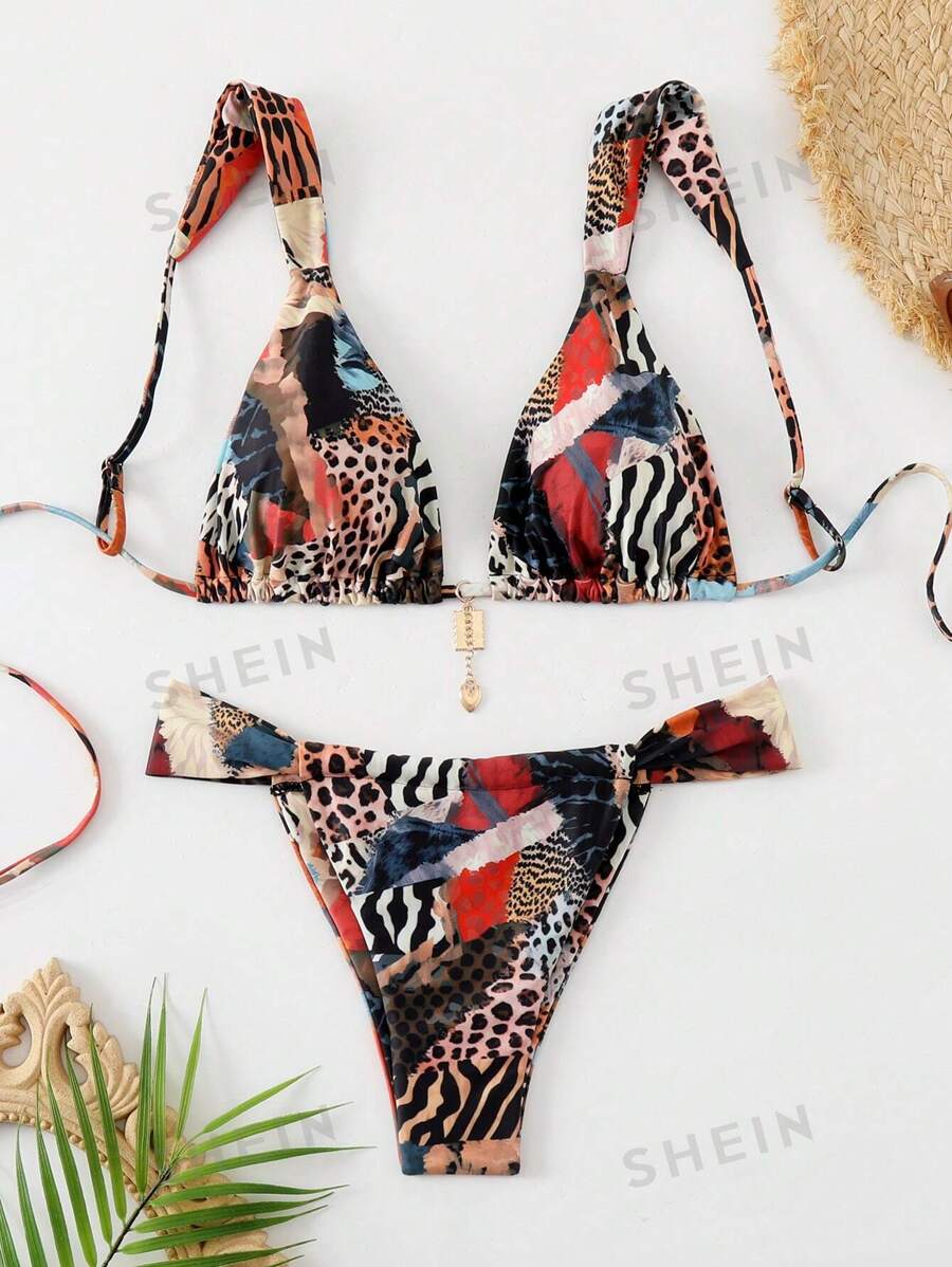 Swim Vcay Conjunto de bikini sexy con estampado de leopardo para mujer, ideal para verano en la playa, estampado al azar