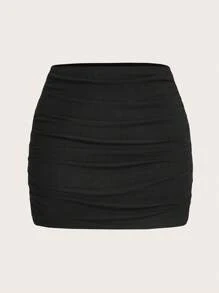 SHEIN EZwear Falda ajustado de punto fruncida de talla grande negra para mujer