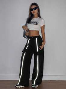 Flirla Pantalones rectos informales para mujeres con borde fluorescente