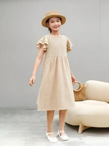 SHEIN Leap Crew Tween Girl 休閒圓領純色中長款連身裙，飾有蕾絲和短袖口 - 卡其色 - 查看 5