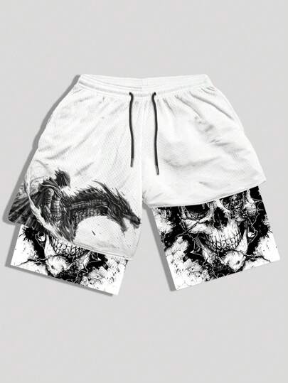 Goth Pantalones cortos de baloncesto de malla con estampado de dragón para hombres, 2 en 1, transpirables, adecuados para uso diario en primavera y verano, para la escuela