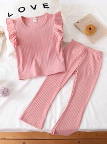Girls' Light Pink Dimple Ribbed Fabric Loose Short Sleeve Top And Long Pants 2pcs Home Wear Set - Pink - View 1