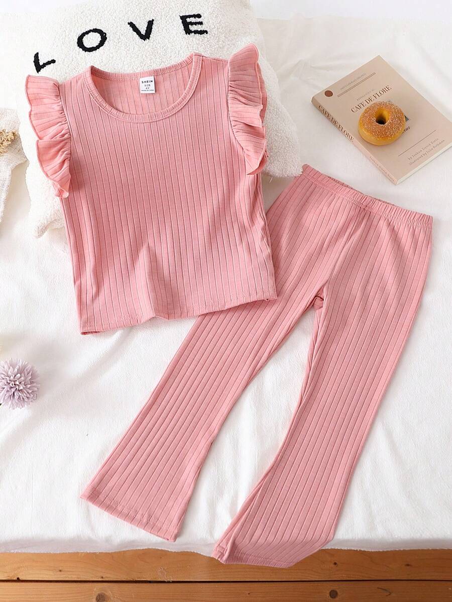 Girls' Light Pink Dimple Ribbed Fabric Loose Short Sleeve Top And Long Pants 2pcs Home Wear Set - Pink - View 1