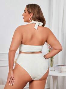SHEIN Swim Curve Plus Size Solid Color Simple Halter Backless Bikini Set And Tie Side Bikini Set Bottom Set Summer Beach