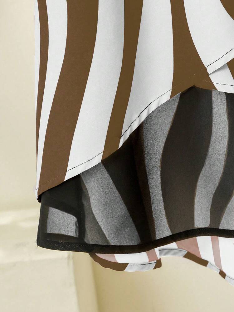 Plus Size Round Neck Color Block Striped & Printed Short Front Long Back Summer Casual Shirt