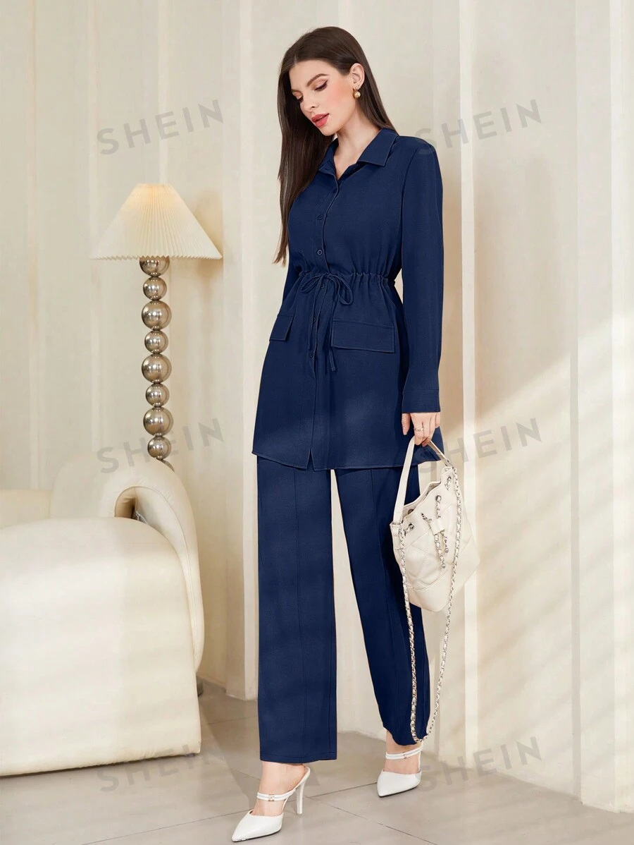 Mulvari Conjunto de 2 piezas de blusa de manga larga y pantalones sencillos y lisos para uso diario para mujer