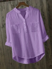 INAWLY 大尺碼休閒純色襯衫，配有缺口領，長袖，適用於春季/夏季 - 紫色 - 查看 1