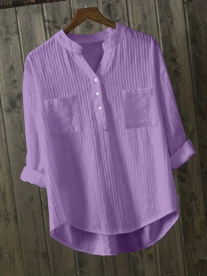 INAWLY Plus Size Casual Solid Color Shirt With Notched Collar, Long Sleeve, Spring/Summer Fall Cloth For Women