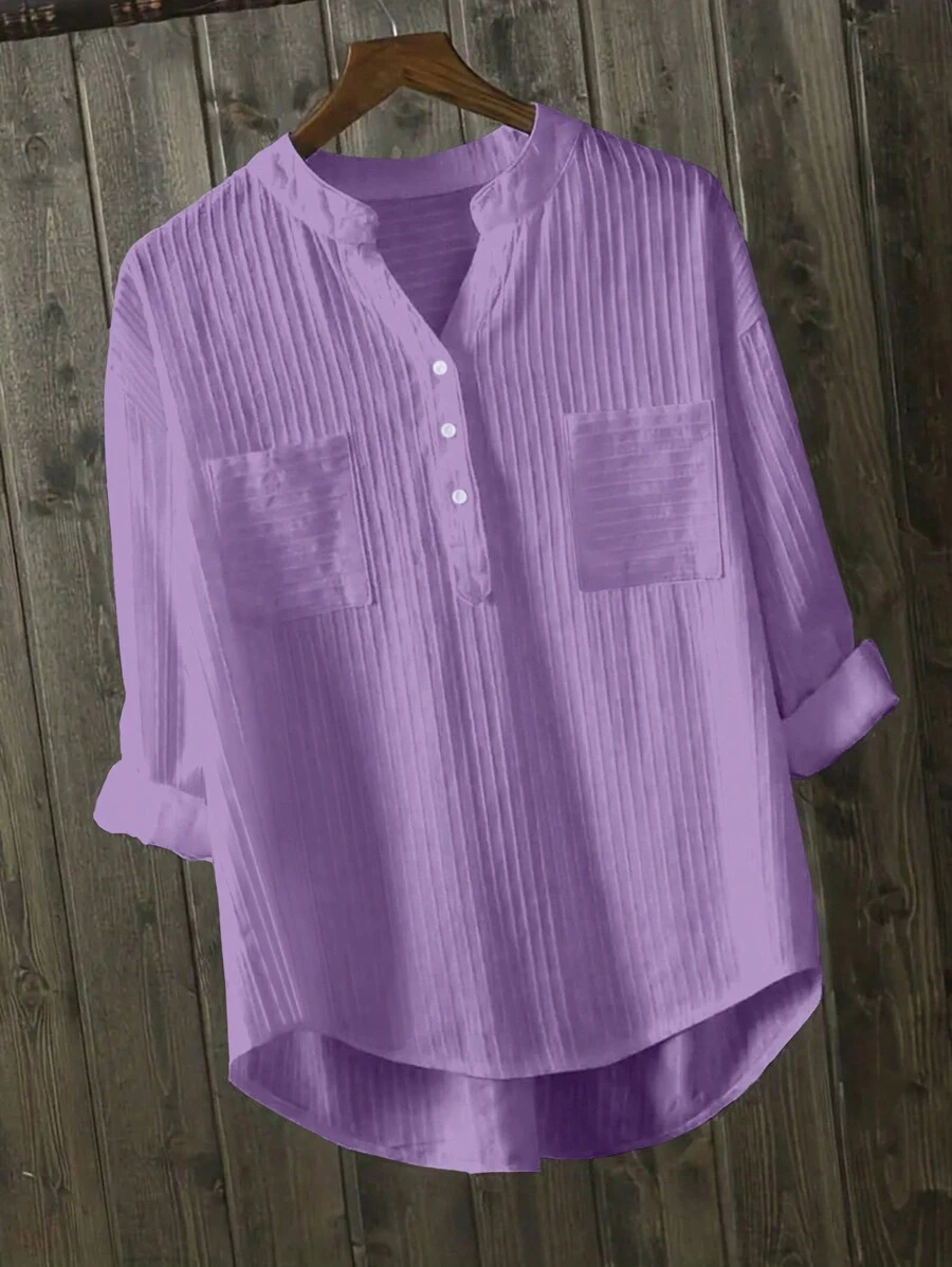 INAWLY 大尺碼休閒純色襯衫，配有缺口領，長袖，適用於春季/夏季 - 紫色 - 查看 1