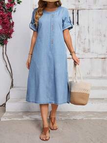 EMERY ROSE Women's Simple Solid Color Denim Dress For Daily Wear - Blue - View 6